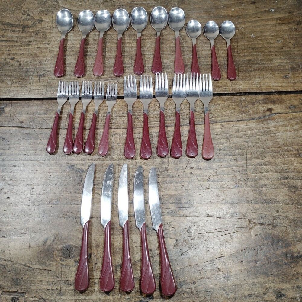 Vintage Fiestaware Maroon Swirl Flatware Silverware Cutlery 26 Pieces Fork Spoon